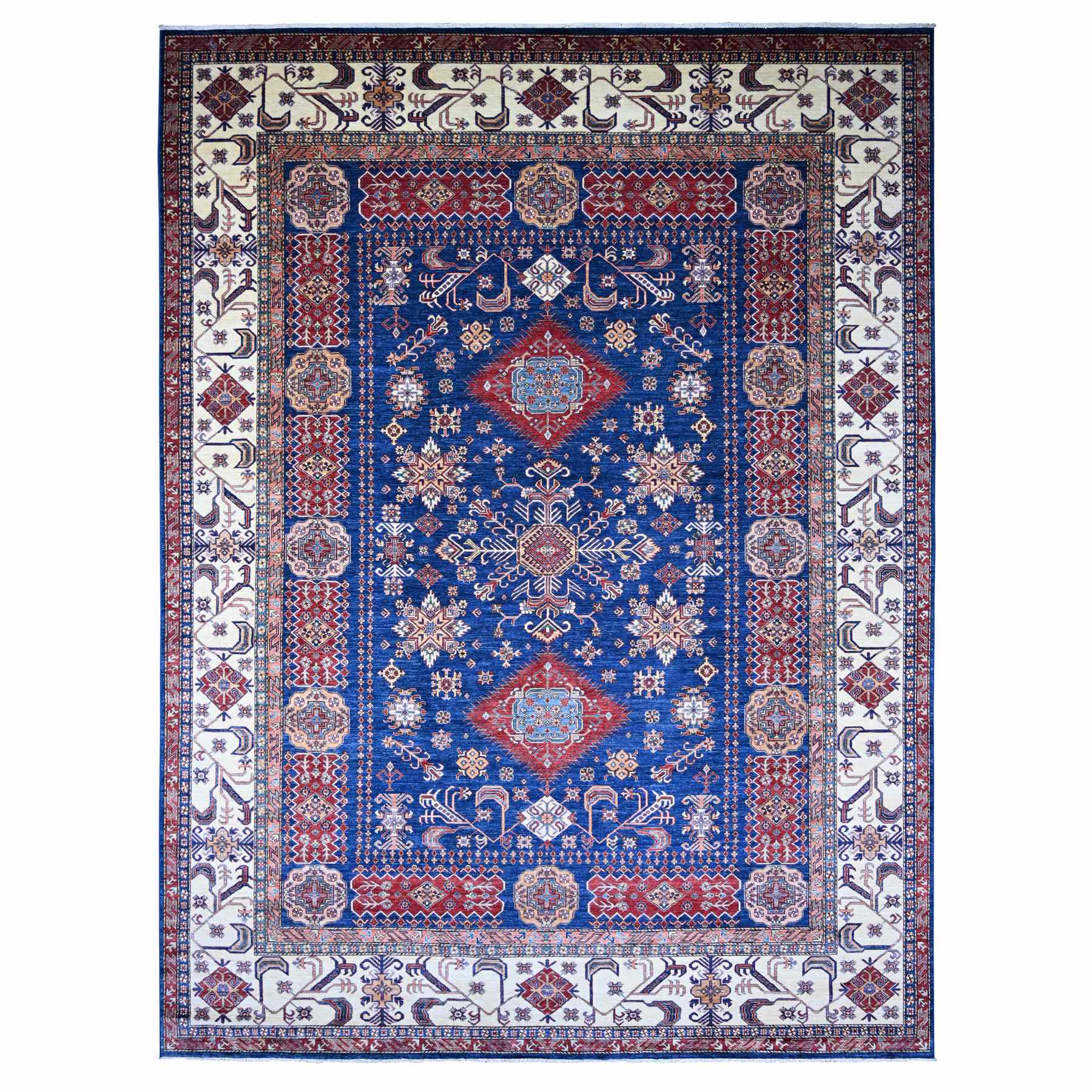 Cobalt Blue, Afghan Super Kazak with Geometric Medallions Design, Hand Knotted, Soft and Shiny Wool, Vegetable Dyes, XL, Oversized, Oriental Rug